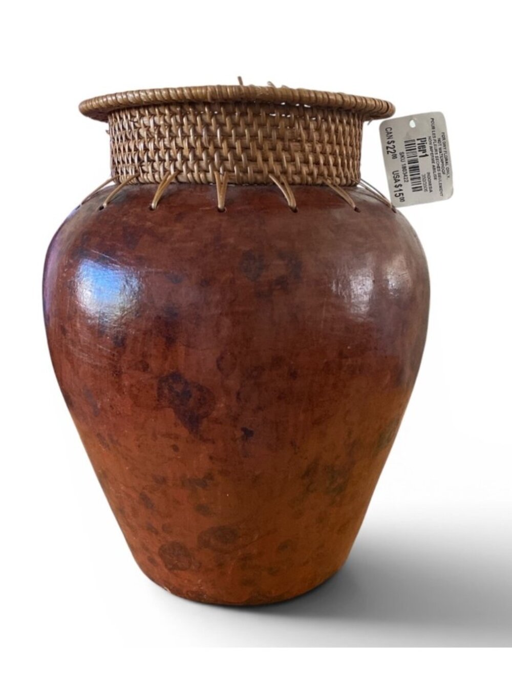 Pier 1 Handmade Terracotta and Rattan Vase 9” Bohemian